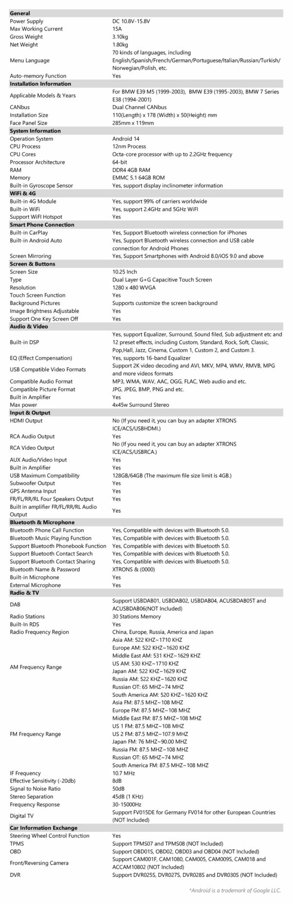 BMW｜E39/E38｜Android 14｜オクタコア｜4GB RAM & 64GB ROM｜グローバル4G LTEソリューション｜PX1439BLHGS