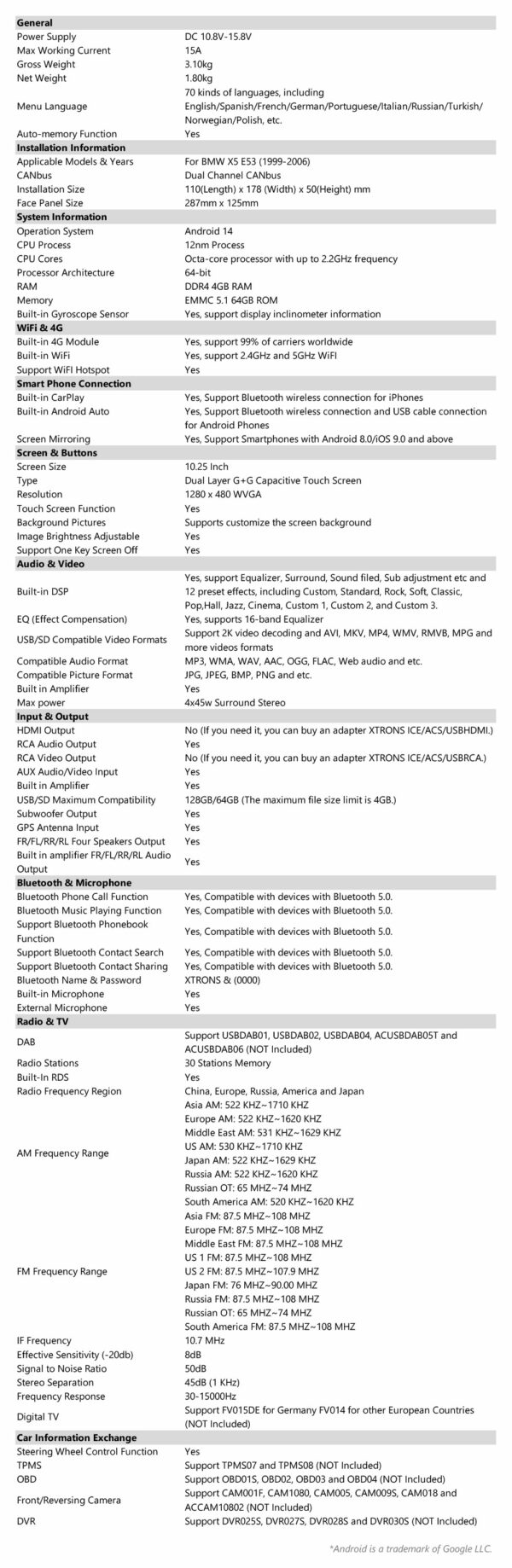 BMW｜X5 E53｜Android 14｜オクタコア｜4GB RAM & 64GB ROM｜グローバル4G LTEソリューション｜PX1453BLHGS