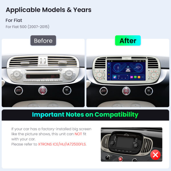 フィアット500｜Android OS｜オクタコア｜64GB ROM｜IPSスクリーン｜CarPlay & Android Auto｜IDS7050FLC｜フィアット500