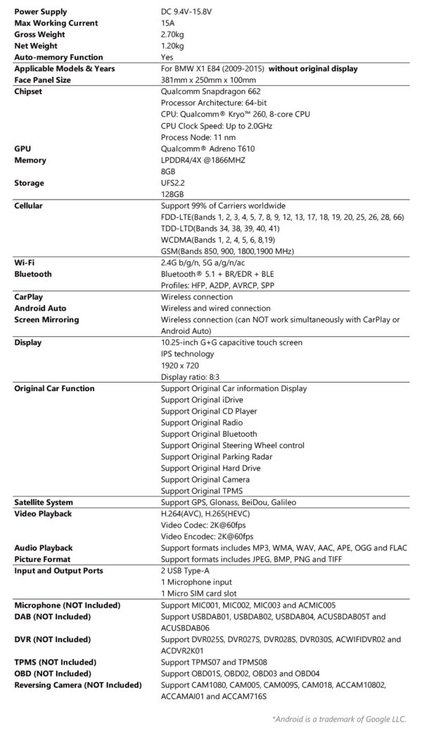 BMW｜X1 E84｜Android OS & OEMシステム｜クアルコム662｜オクタコア｜8GB RAM & 128GB ROM｜QBBH14X1UN
