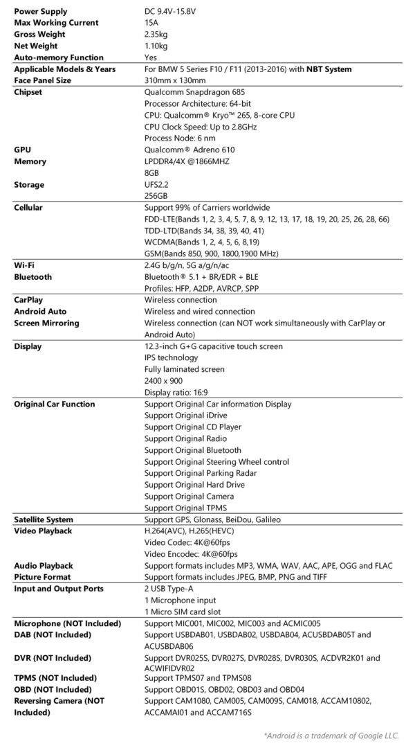 BMW｜5シリーズ｜アンドロイドOS＆OEMシステム｜クアルコム685｜オクタコア｜8GB RAM＆256GB ROM｜QWBX24NB12FV