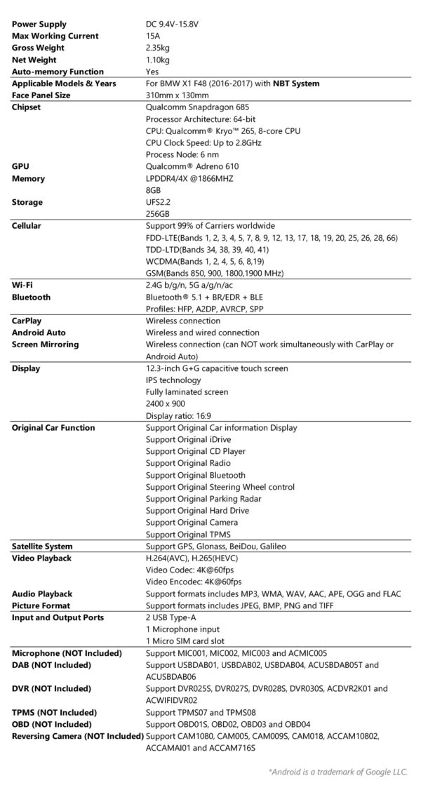 BMW｜X1 F48｜Android OS＆OEMシステム｜クアルコム685｜オクタコア｜8GB RAM＆256GB ROM｜QWBX24NB12X1N