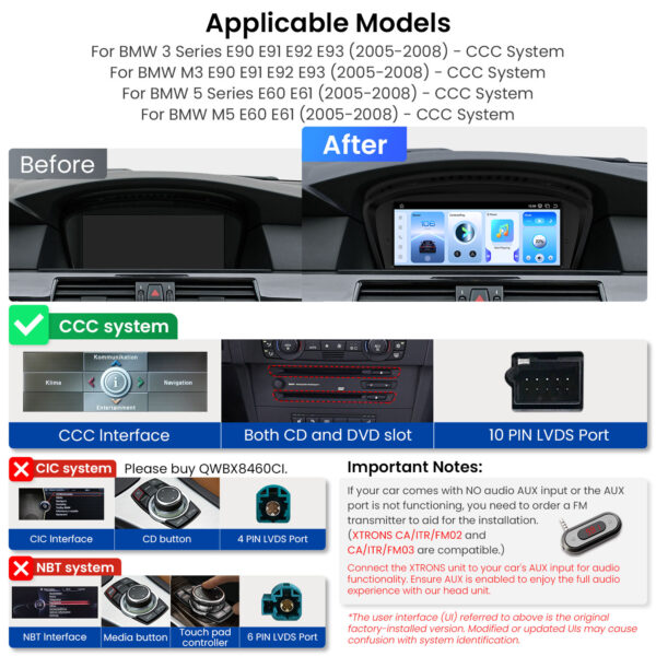 BMW｜3 Seires / 5 Seires / M3 / M5｜Android OS & OEM System｜Qualcomm 685｜Octa Core｜8GB RAM & 256GB ROM｜QWBX8460CC