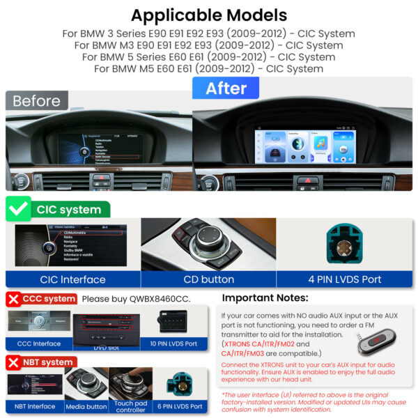BMW｜3 Seires / 5 Seires / M3 / M5｜Android OS & OEM System｜Qualcomm 685｜Octa Core｜8GB RAM & 256GB ROM｜QWBX8460CI