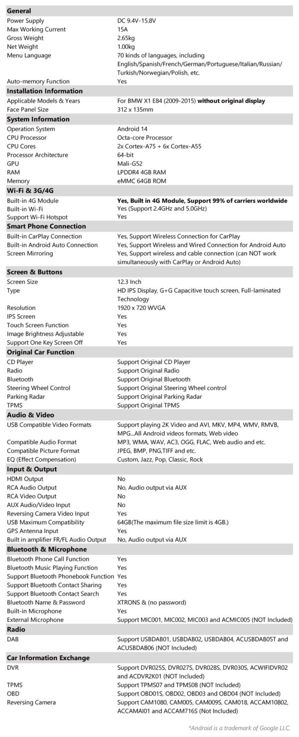 BMW｜X1 E84｜Android / iPhone｜オクタコア｜4GB RAM & 64GB ROM｜グローバル4G LTE｜QLB22X1UN