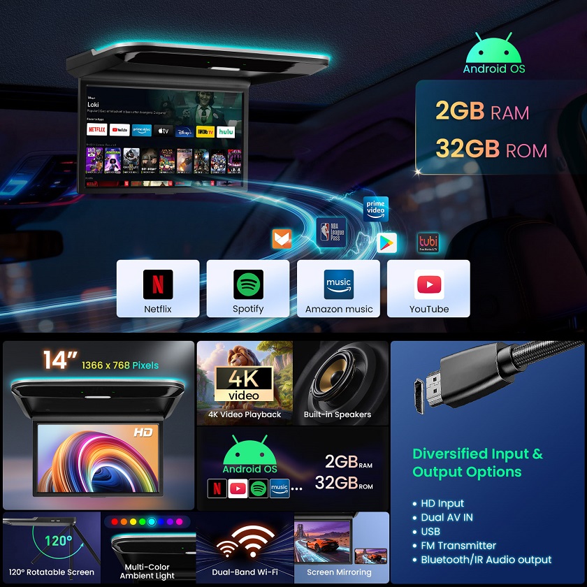 XTRONS 14" Android 2GB +32GB Car Roof Monitor