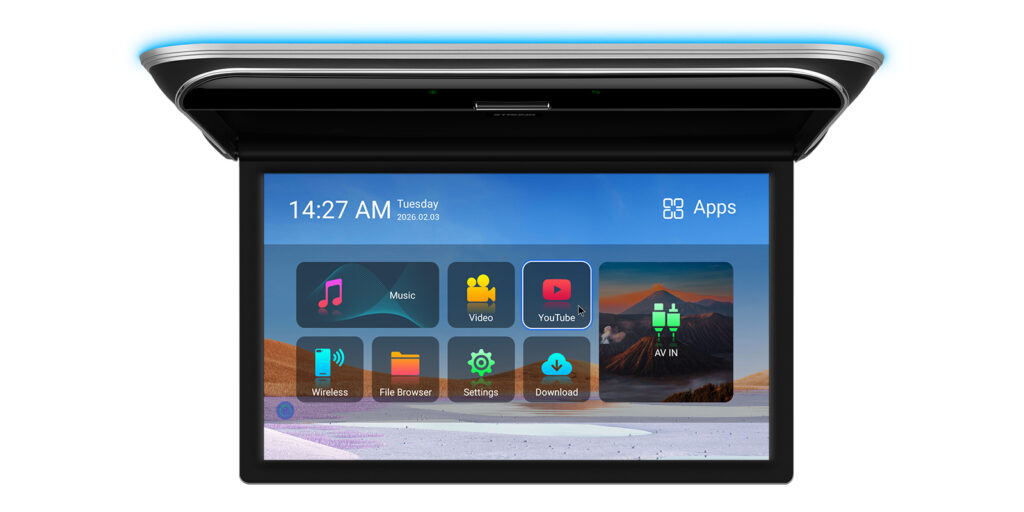 コーチ/バス/モーターホーム用17.3インチAndroidカールーフモニター｜4GB RAM 64GB ROM / 2GB RAM 32GB ROM｜4Kビデオ＆ワイヤレスミラーリング｜CM179AH/CM179AF